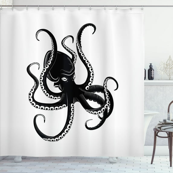 Ambesonne Octopus Shower Curtain, Sea Animal Ready for Attack, 69"Wx84"L, White Charcoal Grey