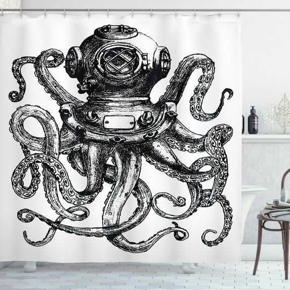 Ambesonne Octopus Shower Curtain, Vintage Diver Animal, 69"Wx70"L, Charcoal Grey and White