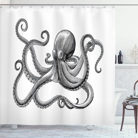 Ambesonne Octopus Shower Curtain, Vintage Style Sea Animal, 69"Wx70"L, White and Charcoal Grey