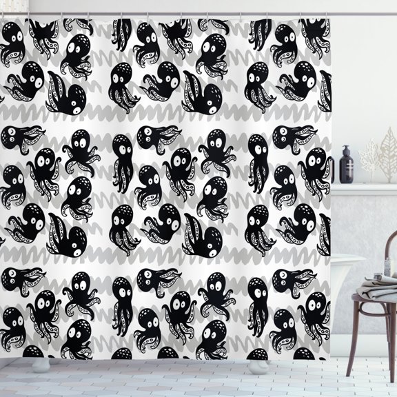 Ambesonne Octopus Shower Curtain, Wildlife in Sea Cartoon, 69"Wx84"L, Black Grey White