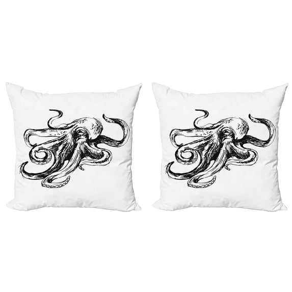 Ambesonne Octopus Throw Pillow Cover 2 Pack, Marine Wild Life Sketch, 24", Black White