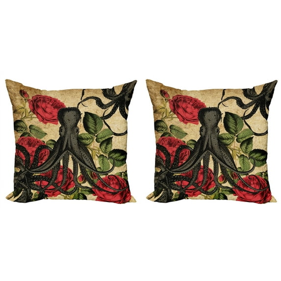 Ambesonne Octopus Throw Pillow Cover 2 Pack, Roses Marine Animal, 16", Brown Charcoal Grey