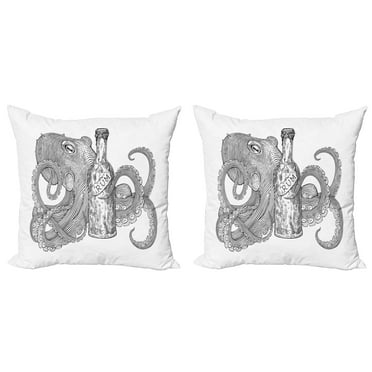 Ambesonne Octopus Throw Pillow Cover 2 Pack, Sea Animal Holding a Bottle, 24", White Charcoal Grey