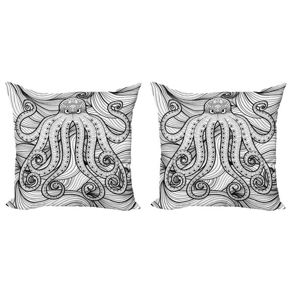 Ambesonne Octopus Throw Pillow Cover 2 Pack, Style Mandala Motif, 24", Black White