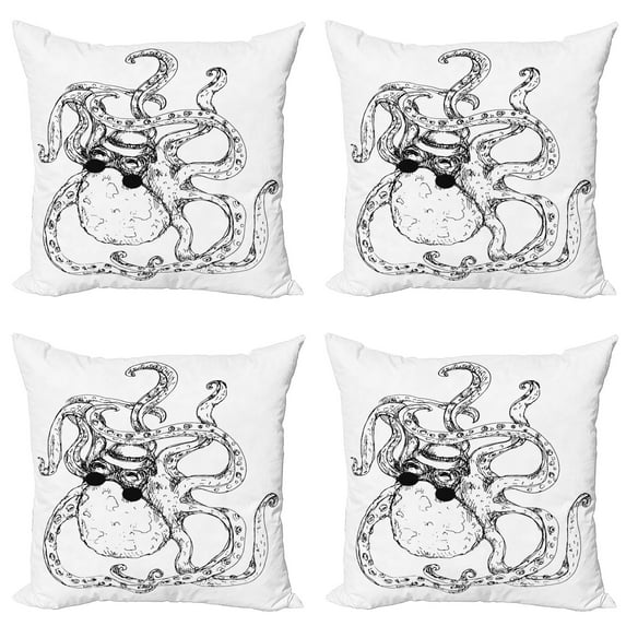 Ambesonne Octopus Throw Pillow Cover 4 Pack, Hipster Animal Sketch, 20", White Black