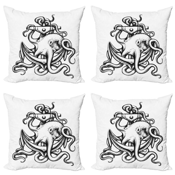 Ambesonne Octopus Throw Pillow Cover 4 Pack, Nautical Theme Anchor, 24", Black White