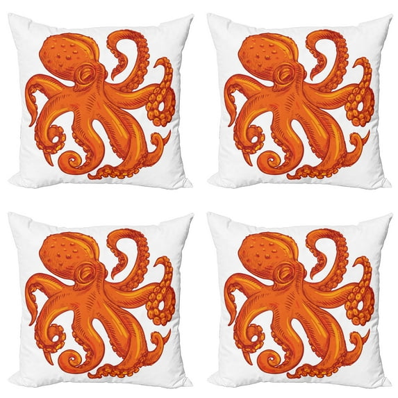 Ambesonne Octopus Throw Pillow Cover 4 Pack, Orange Animal Wildlife, 16", Orange White