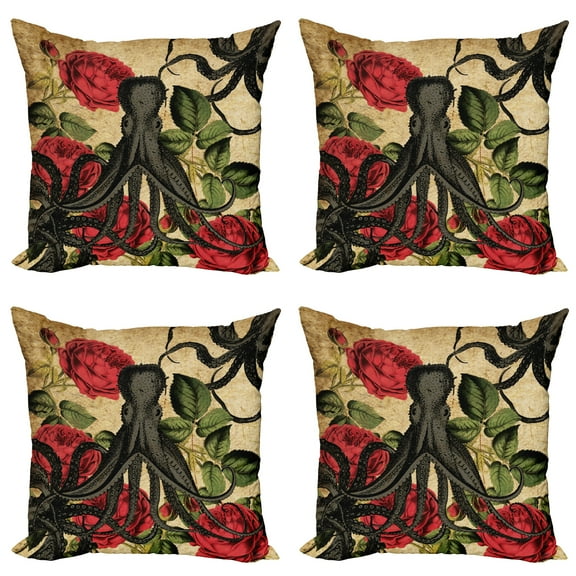 Ambesonne Octopus Throw Pillow Cover 4 Pack, Roses Marine Animal, 16", Brown Charcoal Grey
