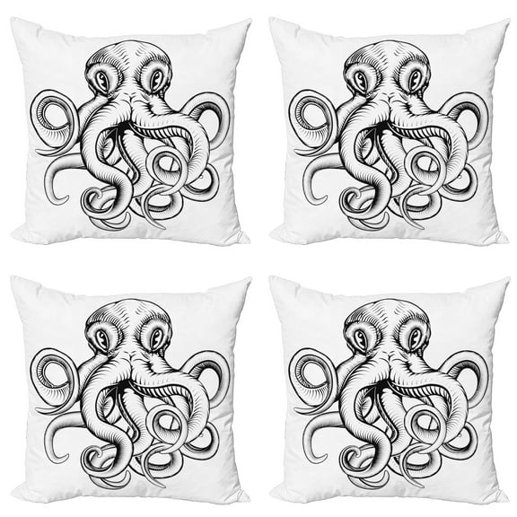 Ambesonne Octopus Throw Pillow Cover 4 Pack, Sketch Monochrome Art, 24", Brown White