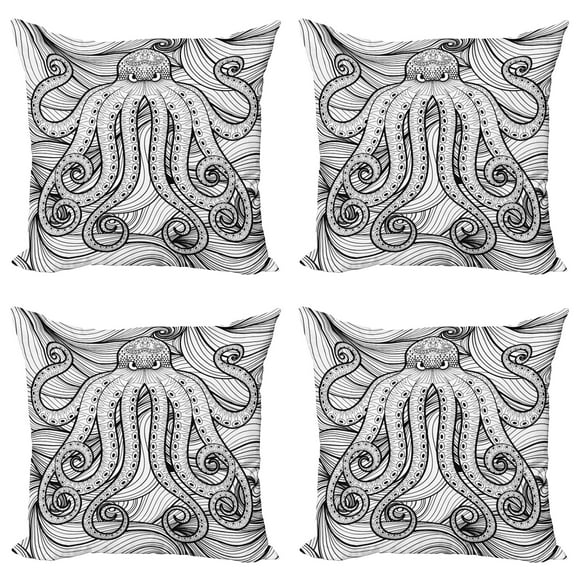 Ambesonne Octopus Throw Pillow Cover 4 Pack, Style Mandala Motif, 20", Black White