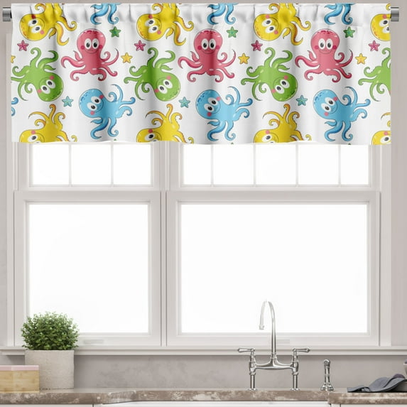 Ambesonne Octopus Valance Pack of 2, Cheerful Ocean Animals, 54"X18", Multicolor