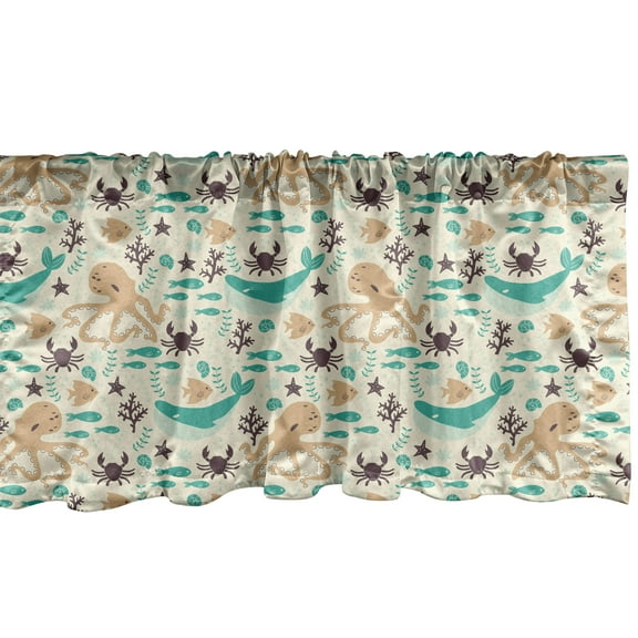 Ambesonne Octopus Window Valance, Cartoon Sea Creatures, 54" X 12", Dark Brown Turquoise