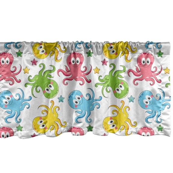 Ambesonne Octopus Window Valance, Cheerful Ocean Animals, 54" X 12", Multicolor