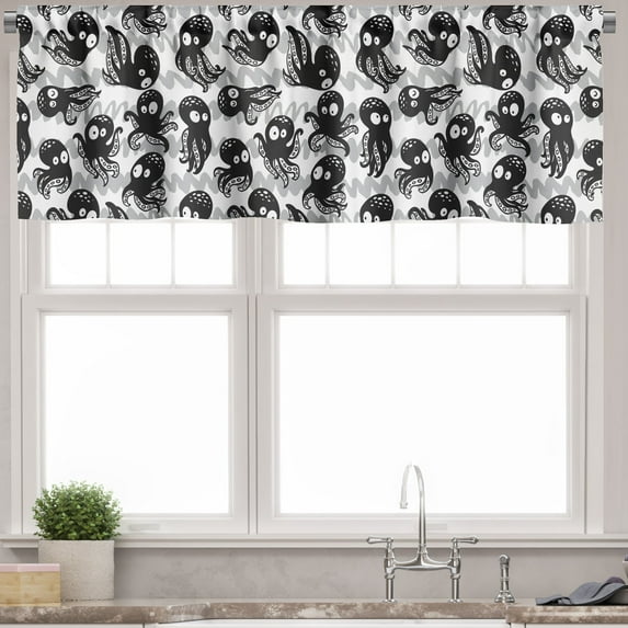 Ambesonne Octopus Window Valance, Wildlife in Sea Cartoon, 54" X 12", Black Grey White