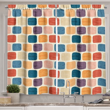 Ambesonne Off White Kitchen Curtains, Colorful Round Squares, 55"x24", Cream and Multicolor
