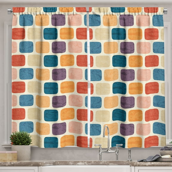 Ambesonne Off White Kitchen Curtains, Colorful Round Squares, 55"x24", Cream and Multicolor