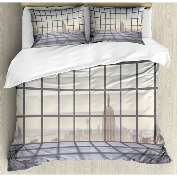 Ambesonne Office Duvet Cover Set, Windows Lattice, 2-Calking, Pale Purple Beige