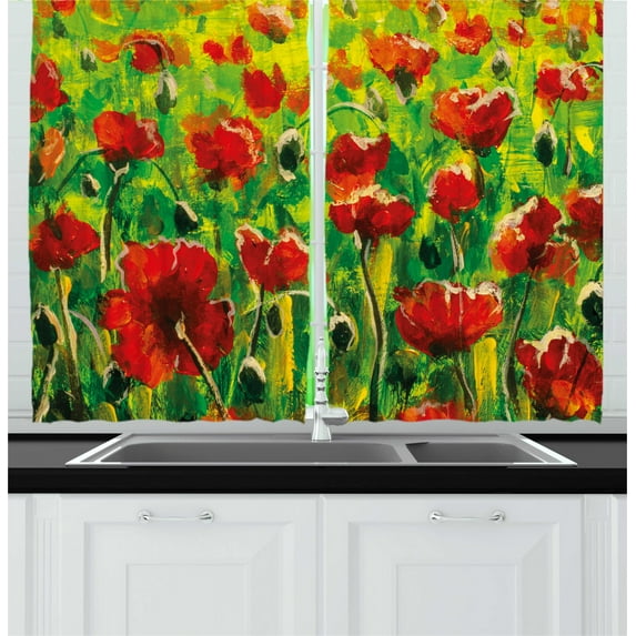 Ambesonne Oil Painting Kitchen Curtains, Poppies on Green Grass, 55"x45", Green Vermilion