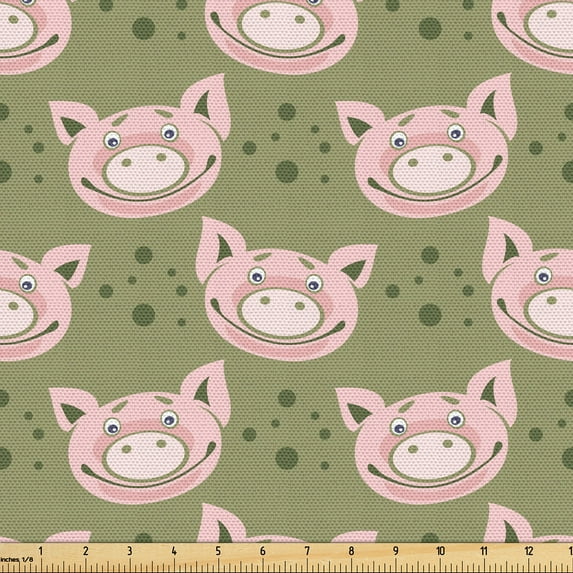 Ambesonne Oink Fabric by the Yard Upholstery, Pig Faces Smiling Funny Art, 3 Yards, Pale Olive Green Rose