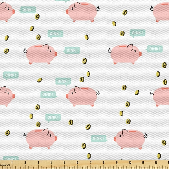 Ambesonne Oink Fabric by the Yard Upholstery, Raining Coins and Piggy Art, 5 Yards, White and Blush