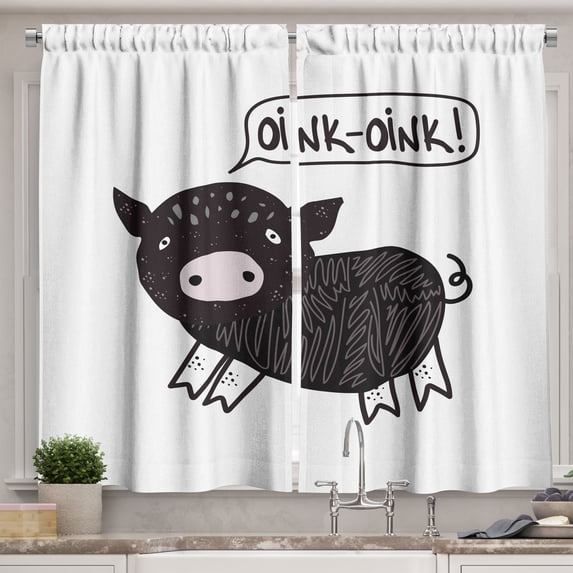 Ambesonne Oink Kitchen Curtains, Drawing of Pig Mammal Animal, 55"x24", White Seal Brown