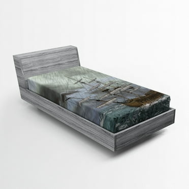 Ambesonne Old Fitted Sheet, Ocean in Wave Rainy Storm, Twin XL Size, Grey Slate Blue Umber