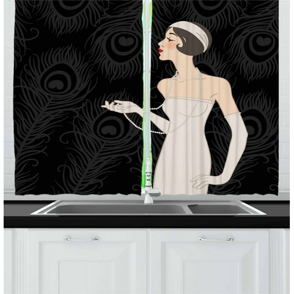 Ambesonne Old Hollywood Kitchen Curtains, Art Deco Design, 55"x39", Charcoal Grey Beige