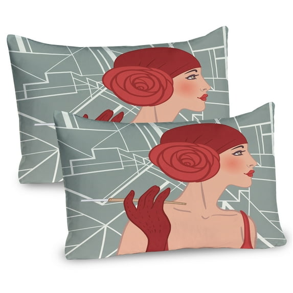 Ambesonne Old Hollywood Pillow Sham 2 Pack, Lady with Bandana, 30"x20", Ruby Grey and White