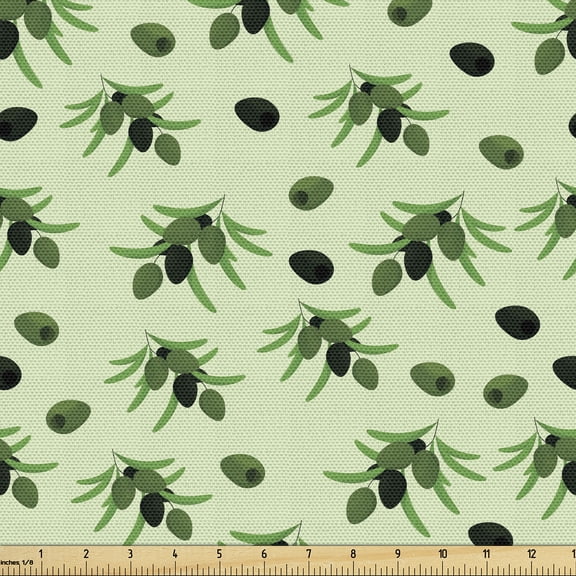 Ambesonne Olive Green Fabric by the Yard Upholstery, Leaves Twigs Pattern, 1 Yard, Pale Yellow Khaki and Emerald