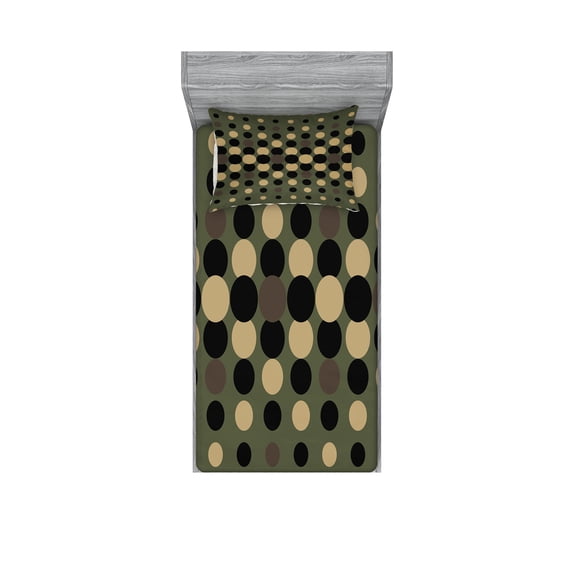 Ambesonne Olive Green Fitted Sheet & Pillow Sham Set, Halftone Circles, Twinxl, Multicolor