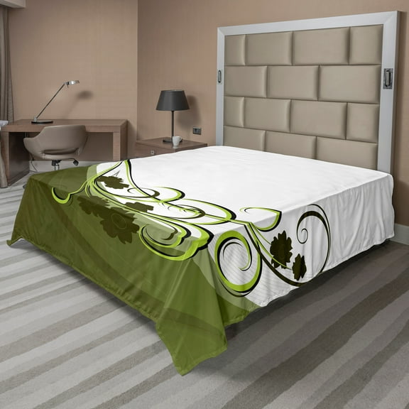 Ambesonne Olive Green Flat Sheet, Wedding Inspired, Queen Size, Pale Green White