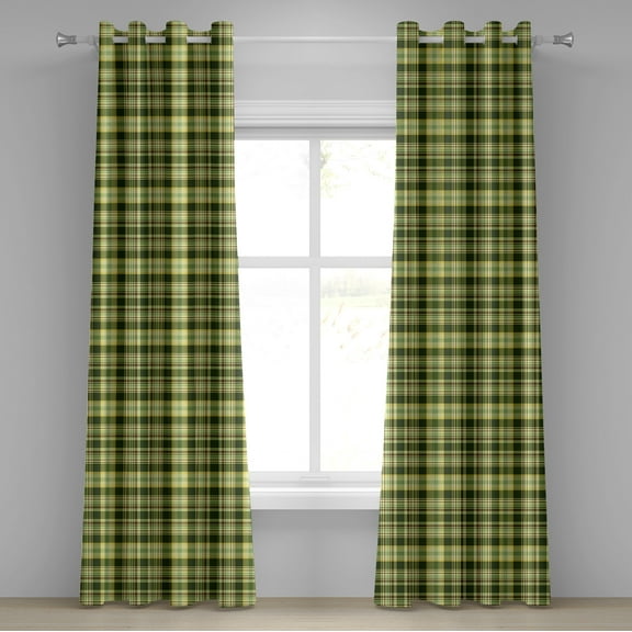 Ambesonne Olive Green Grommet Curtain, Scottish Quilt, 50" x 108", Dark Green Yellow Brown