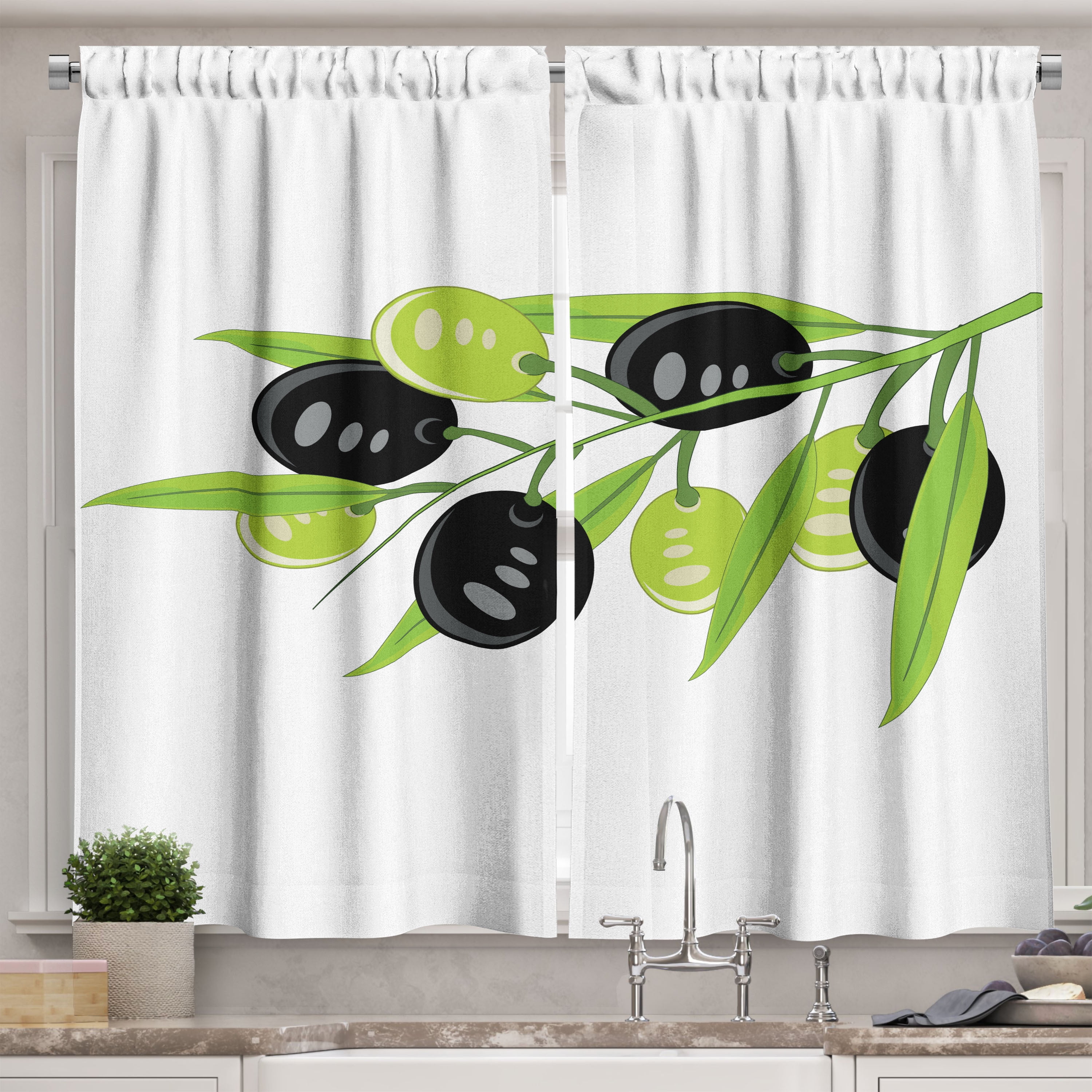 Ambesonne Olive Green Kitchen Curtains, Cartoon Botanical Art, 55"x39