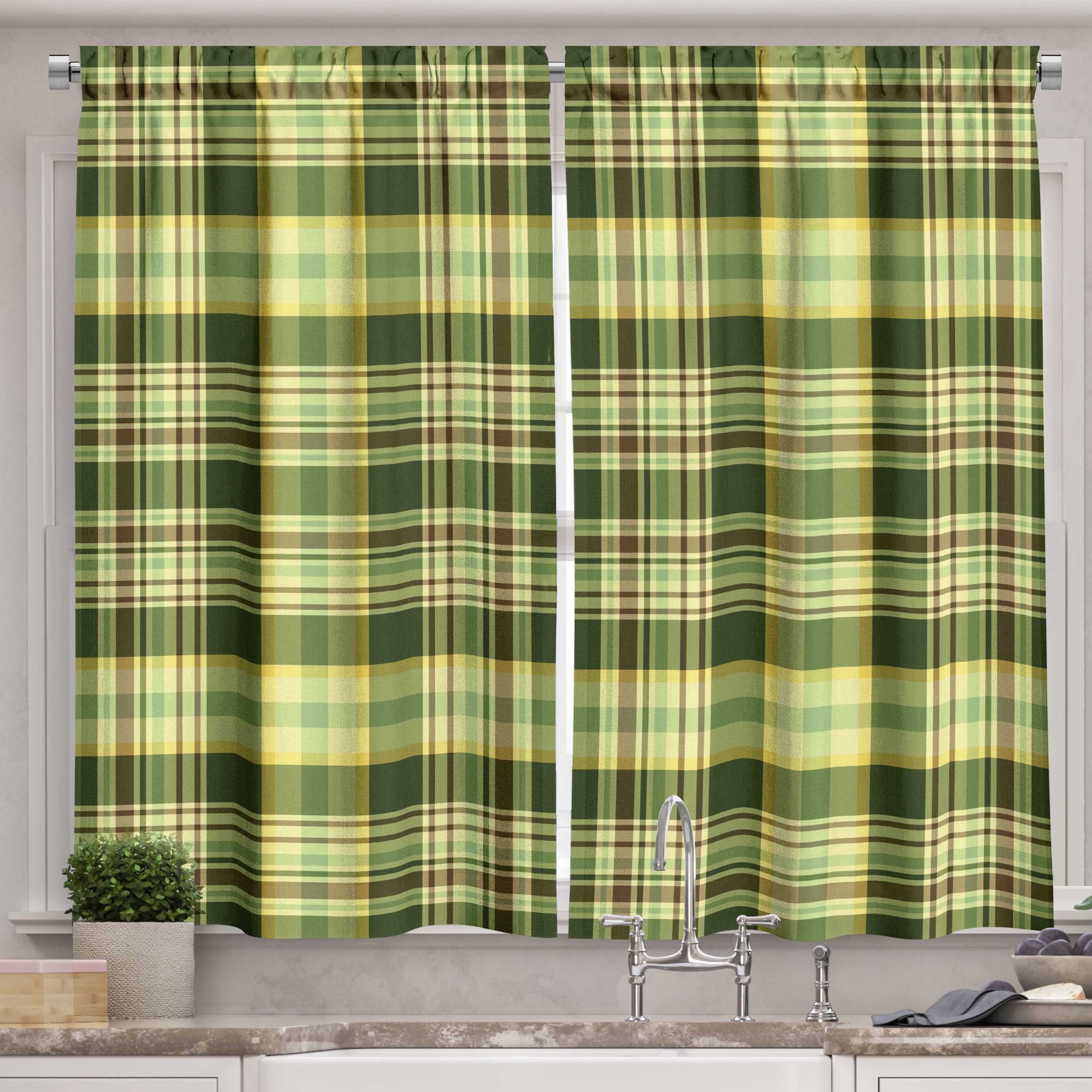 Ambesonne Olive Green Kitchen Curtains, Scottish Quilt, 55"x39", Dark