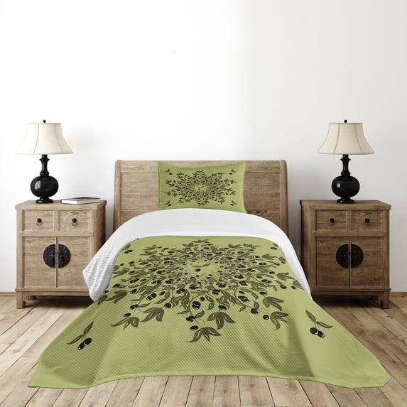 Ambesonne Olive Green Quilted Bedspread Set 2 Pcs, Fruit Branches, Twin Size, Olive Green Green