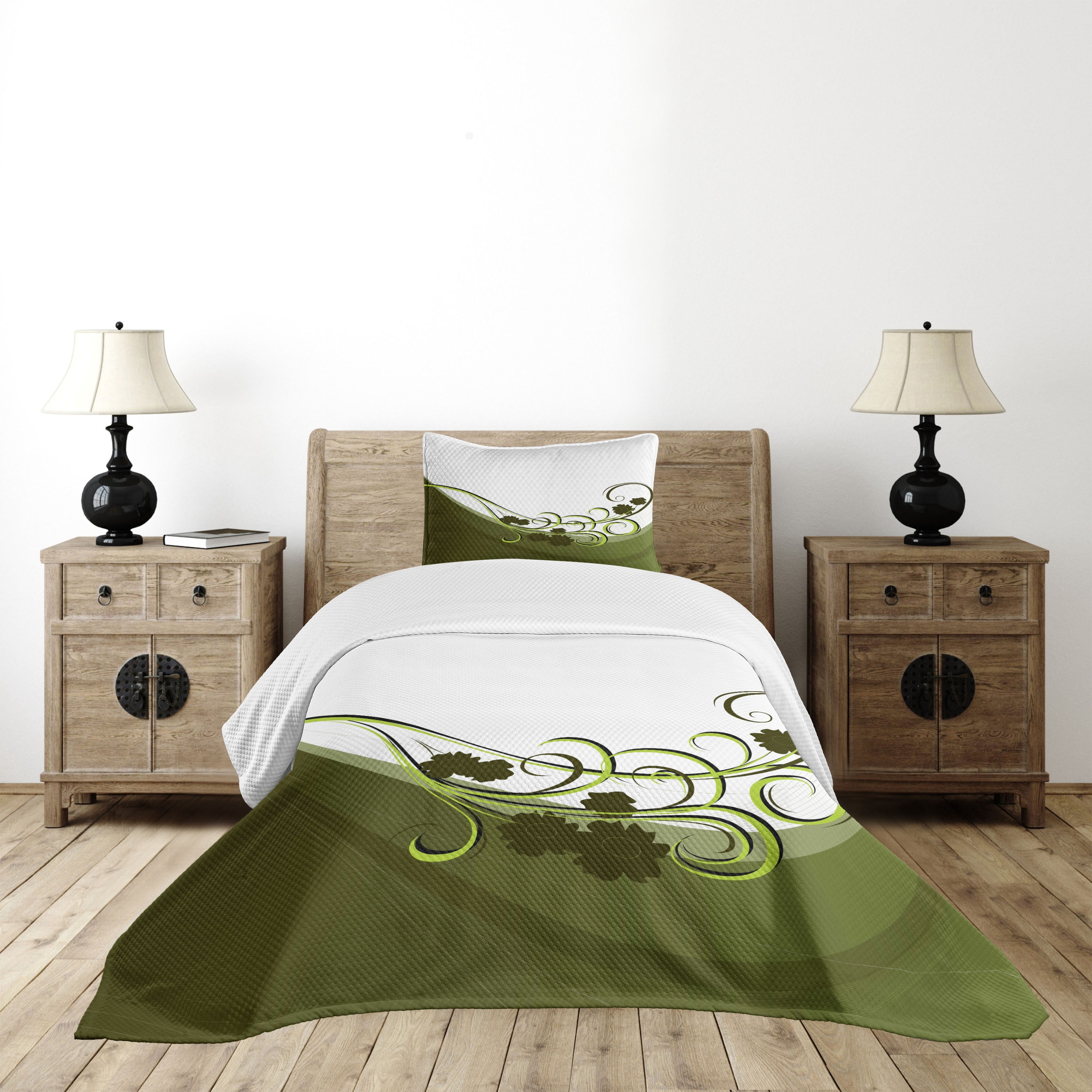 Ambesonne Olive Green Quilted Bedspread Set 2 Pcs, Wedding Inspired, Twin Size, Pale Green White ...