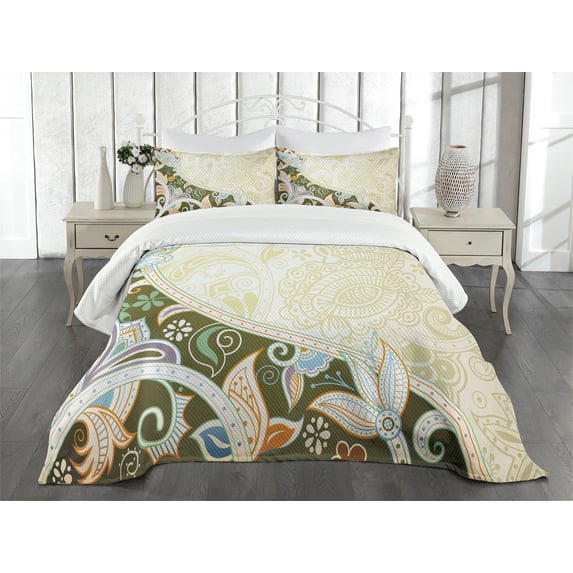 Ambesonne Olive Green Quilted Bedspread Set 3 Pcs, Abstract Flora Leaf, Queen Size, Multicolor