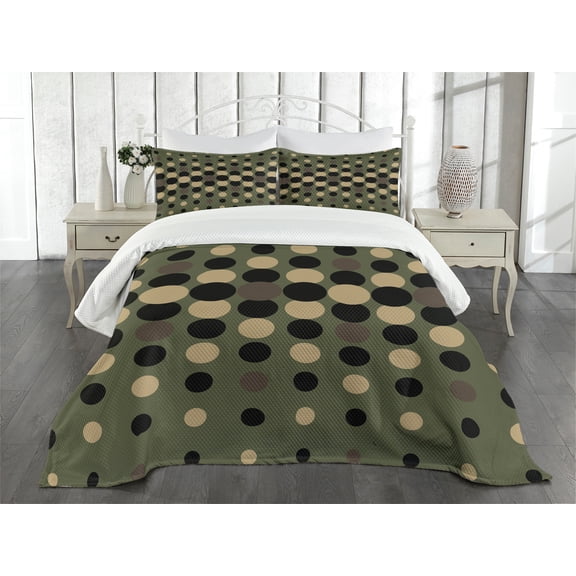 Ambesonne Olive Green Quilted Bedspread Set 3 Pcs, Halftone Circles, King Size, Multicolor