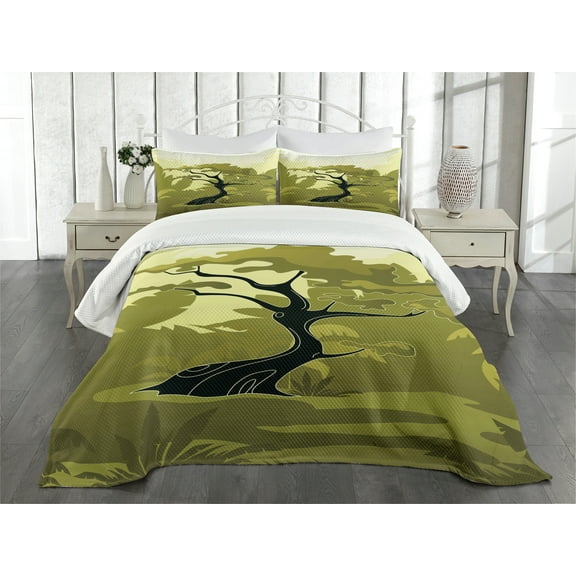 Ambesonne Olive Green Quilted Bedspread Set 3 Pcs, Japanese Jungle, King Size, Pale Yellow Olive Green