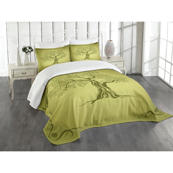 Ambesonne Olive Green Quilted Bedspread Set 3 Pcs, Olive Tree Pattern, Queen Size, Olive Green
