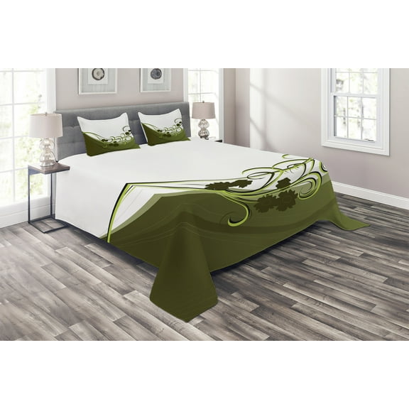 Ambesonne Olive Green Quilted Coverlet 3 Pcs, Wedding Inspired, King Size, Pale Green White