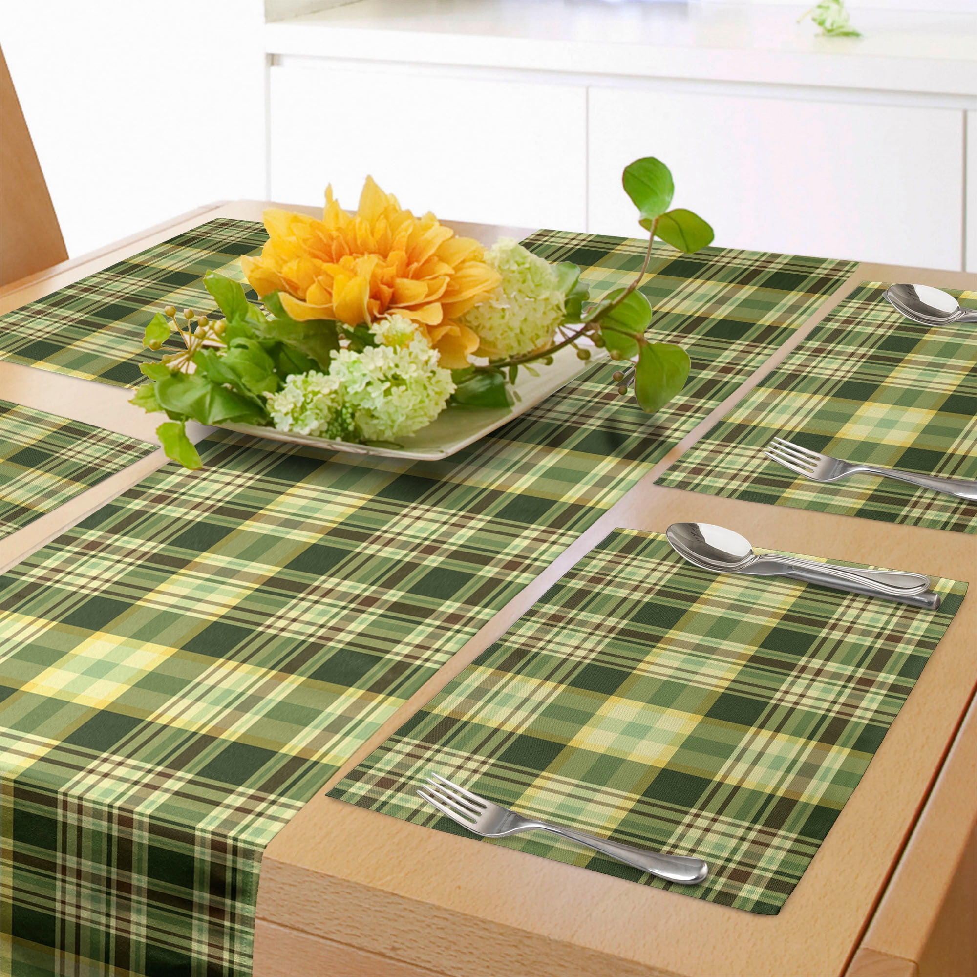 Ambesonne Olive Green Table Runner & Placemats, Scottish Quilt