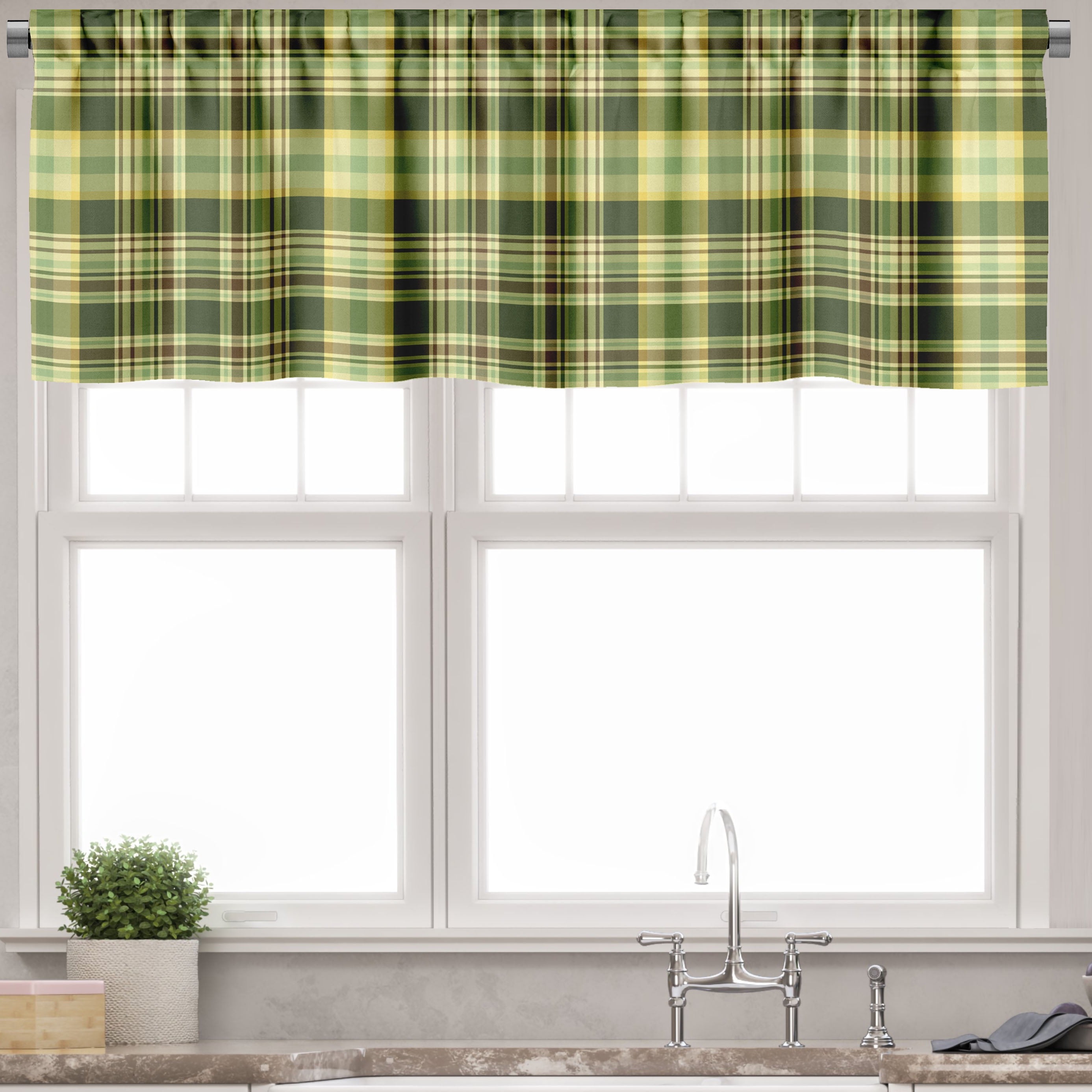 Ambesonne Olive Green Window Valance, Scottish Quilt, 54" X 18", Dark Green Yellow Brown