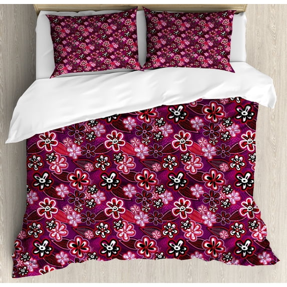 Ambesonne Ombre Duvet Cover Sets, Modern Floral Leaf Nature, 2-King, Purple White