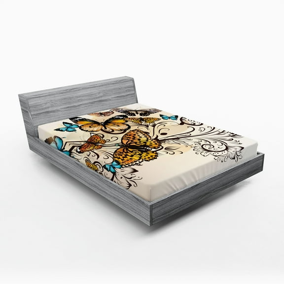 Ambesonne Ombre Fitted Sheet 2 Pcs Set, Monarch Vintage Damask, Full, Pale Brown Sky Blue