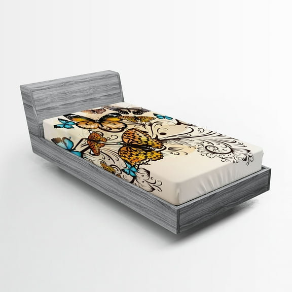 Ambesonne Ombre Fitted Sheet, Monarch Vintage Damask, Twin Size, Pale Brown Sky Blue