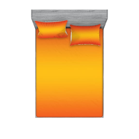 Ambesonne Ombre Fitted Sheet & Pillow Sham Set, Tropical Summer Themed, Calking, Orange Yellow