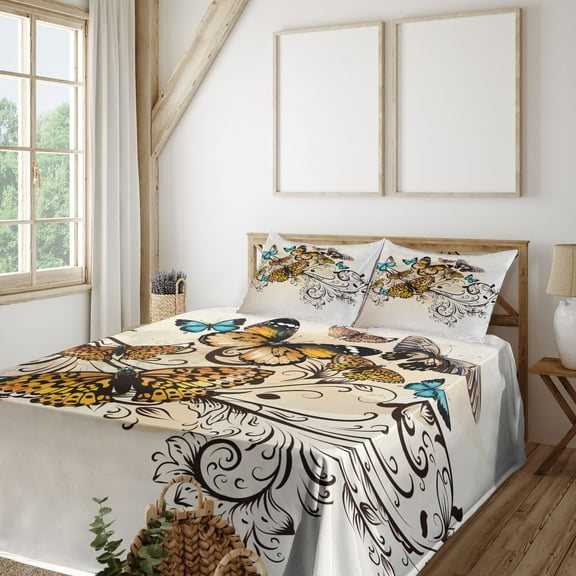 Ambesonne Ombre Fitted & Top Sheet Set with Shams, Monarch Vintage Damask, Pale Brown Sky Blue