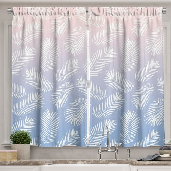 Ambesonne Ombre Kitchen Curtains, Summer Tropic Fan Palm Leaves, 55"x45", Blush Ceil Blue
