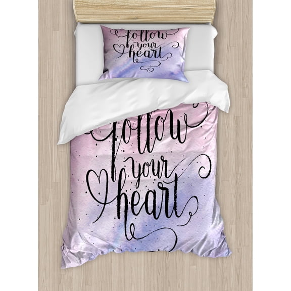 Ambesonne Ombre Pink Duvet Cover Sets, Follow Your Heart Words, 2-Twin, Purple Pink